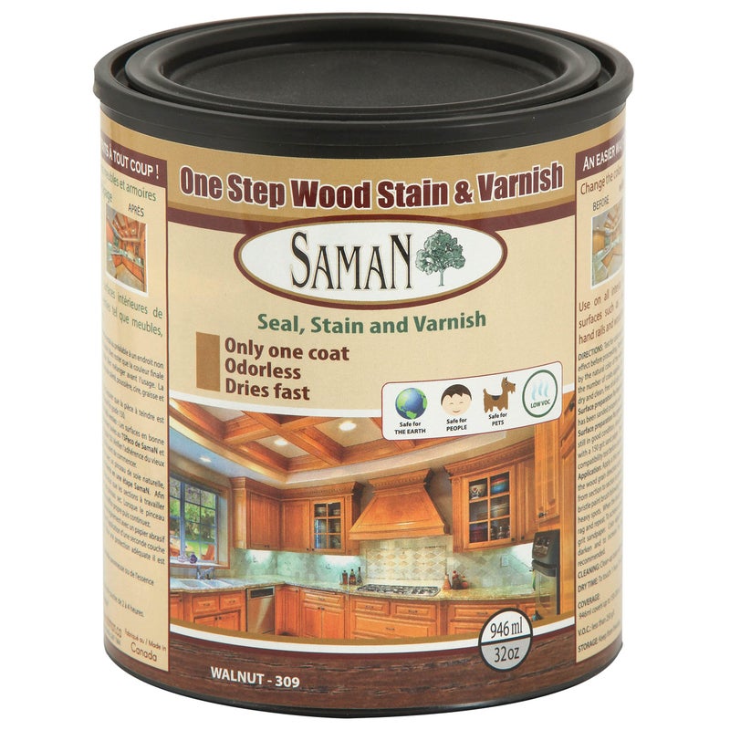 SamaN Interior One Step Wood Seal, Stain and Varnish - Oil Based Odorless Dye - Protection for Furniture and Fine Wood (Walnut SAM-309, 32 oz) - Image 1